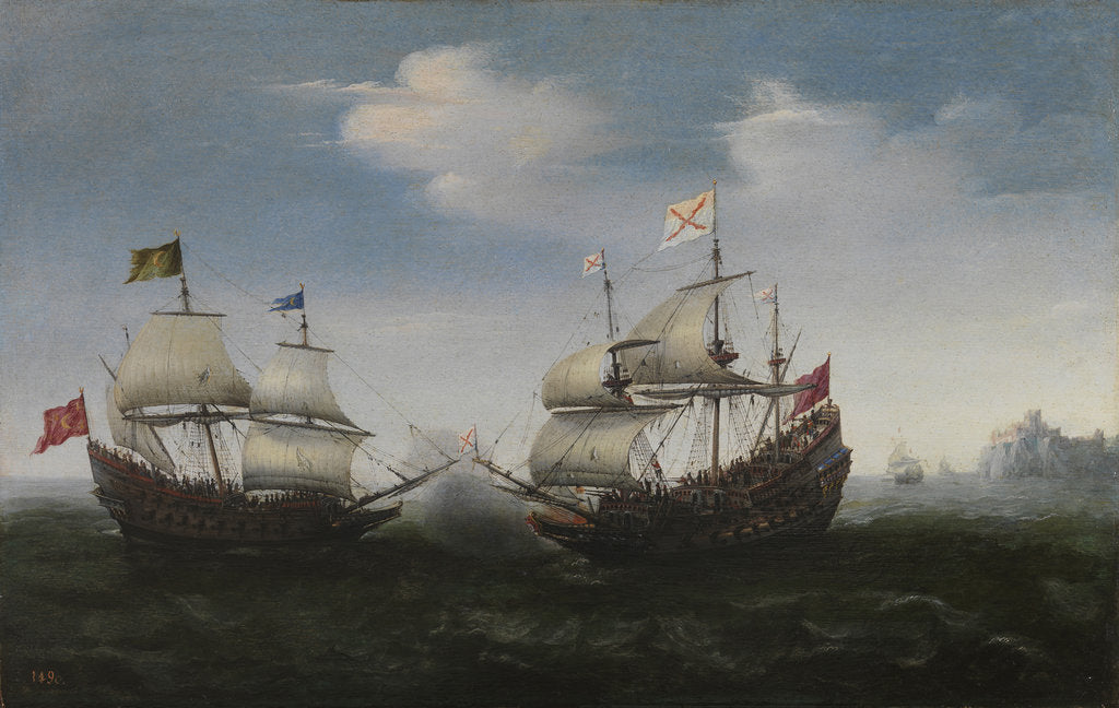 Detail of Naval combat against a rocky shore, 1627 by Hendrick Cornelisz. Vroom