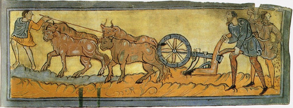 Detail of Peasants ploughing (Miniature from the Cotton MS Tiberius), 11th century by Anonymous
