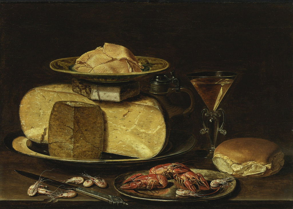 Detail of Still Life with Cheeses, Glas à la façon de Venise and crayfish on a pewter plate by Clara Peeters