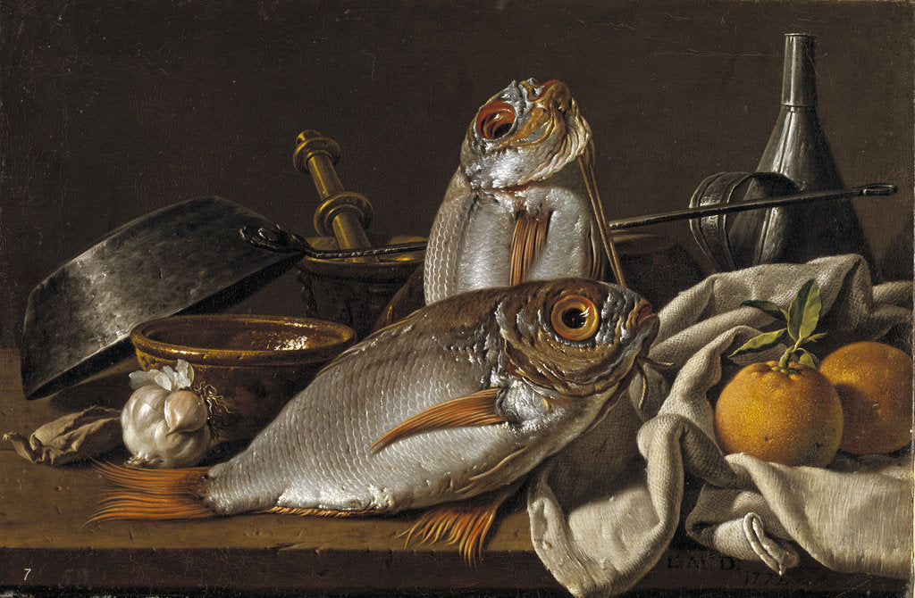 Detail of Still Life With Bream, Oranges, Garlic and Kitchen Utensils, 1772 by Luis Egidio Meléndez