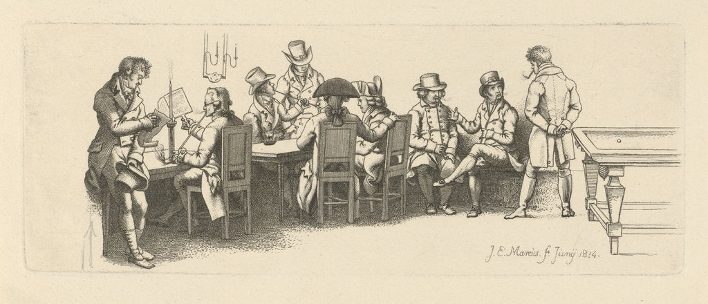 Detail of Men in a coffee house with a Billiard room, 1814 by Jacob Ernst Marcus