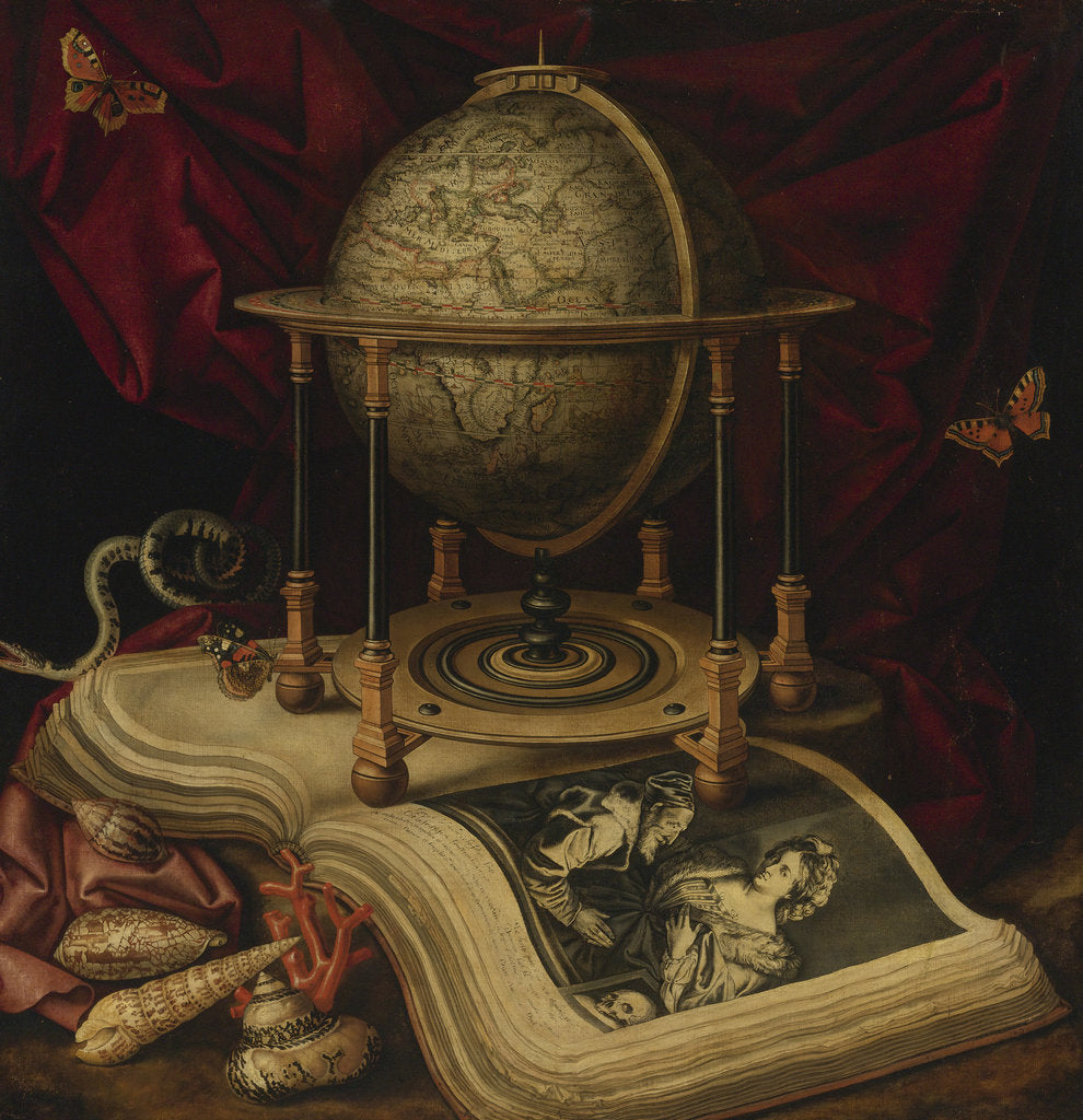 Detail of Vanitas Still Life with a Terrestrial Globe, a Book, Shells, a Snake and Butterflies by Carstian Luyckx