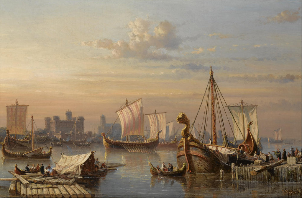 Detail of Viking ships on the River Thames, Mid of the 19th century by Everhardus Koster