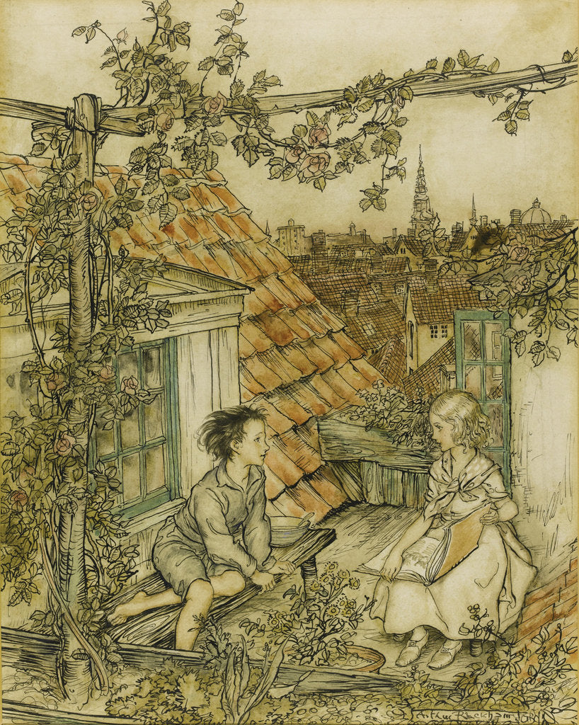 Detail of Kay and Gerda in their garden high up on the roof. Illustration for the tale of The Snow Queen, 18 by Arthur Rackham