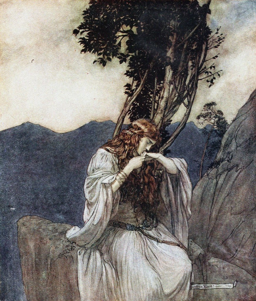 Detail of Brünnhilde kisses the ring that Siegfried has left with her. Illustration for Siegfried and The Twi by Arthur Rackham