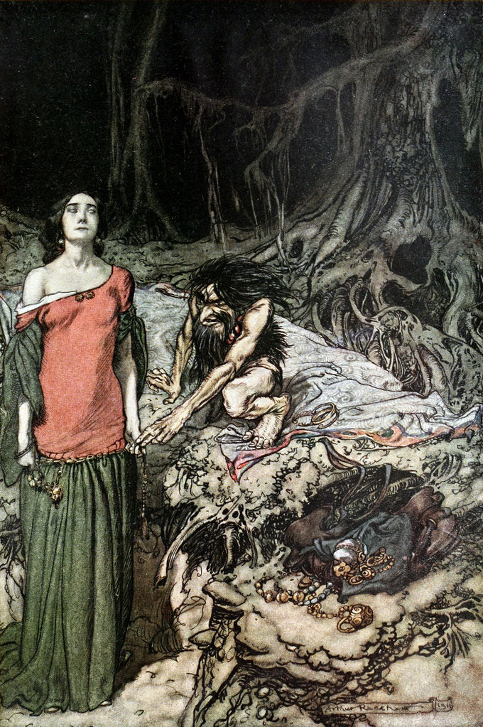 Detail of The wooing of Grimhilde, the mother of Hagen. Illustration for Siegfried and The Twilight of the Go by Arthur Rackham