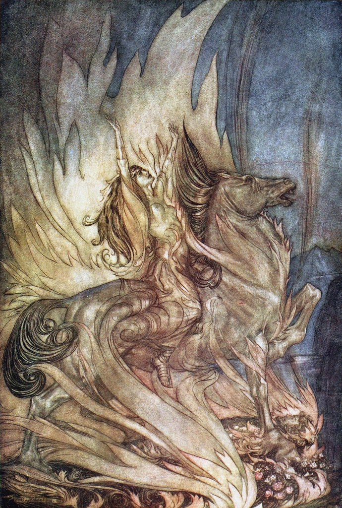 Detail of Brünnhilde on Grane leaps onto the funeral pyre of Siegfried. Illustration for Siegfried and The Tw by Arthur Rackham