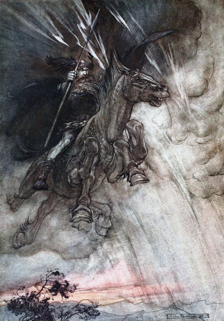 Detail of Furiously Wotan is riding to the rock. Illustration for The Rhinegold and The Valkyrie by Richard by Arthur Rackham