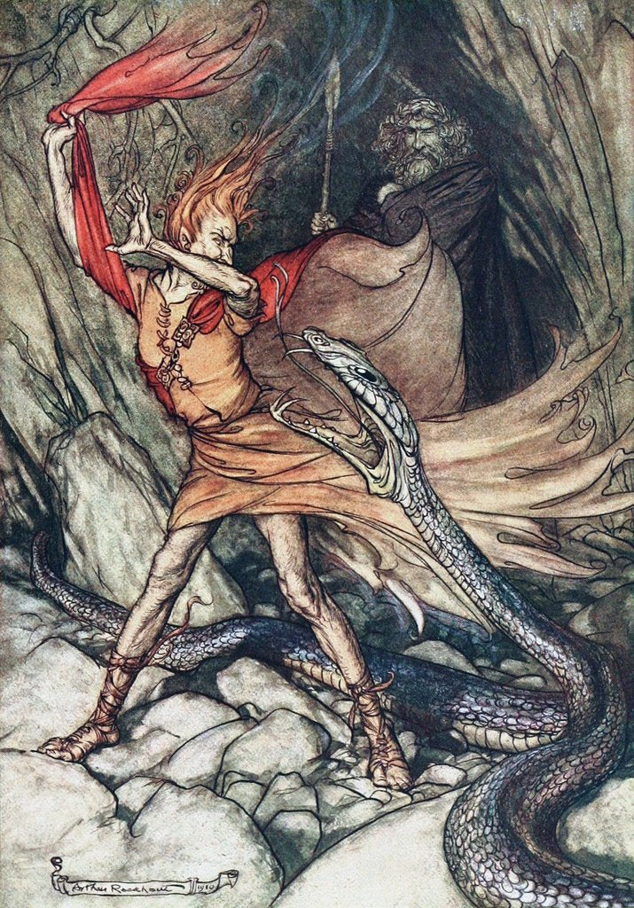 Detail of Ohe! Ohe! Terrible dragon, oh, swallow me not! Illustration for The Rhinegold and The Valkyrie by by Arthur Rackham