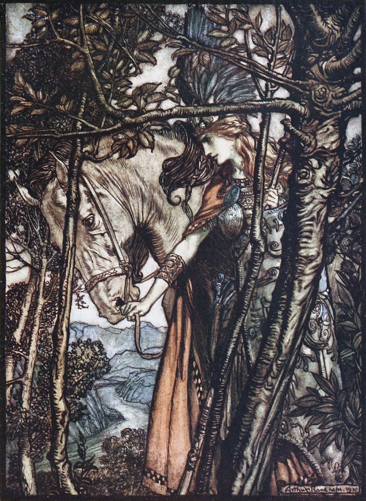 Detail of Brünnhilde leads her horse by the bridle. Illustration for The Rhinegold and The Valkyrie by Richa by Arthur Rackham