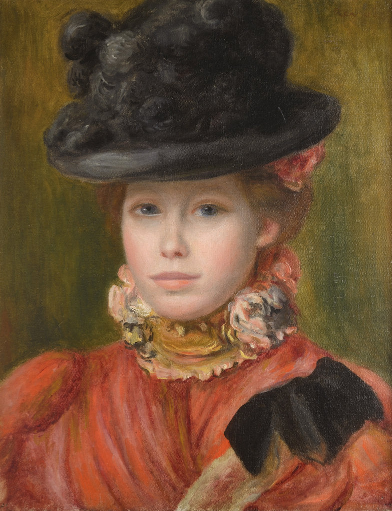 Detail of Girl in black hat with red flowers, c. 1890 by Pierre Auguste Renoir