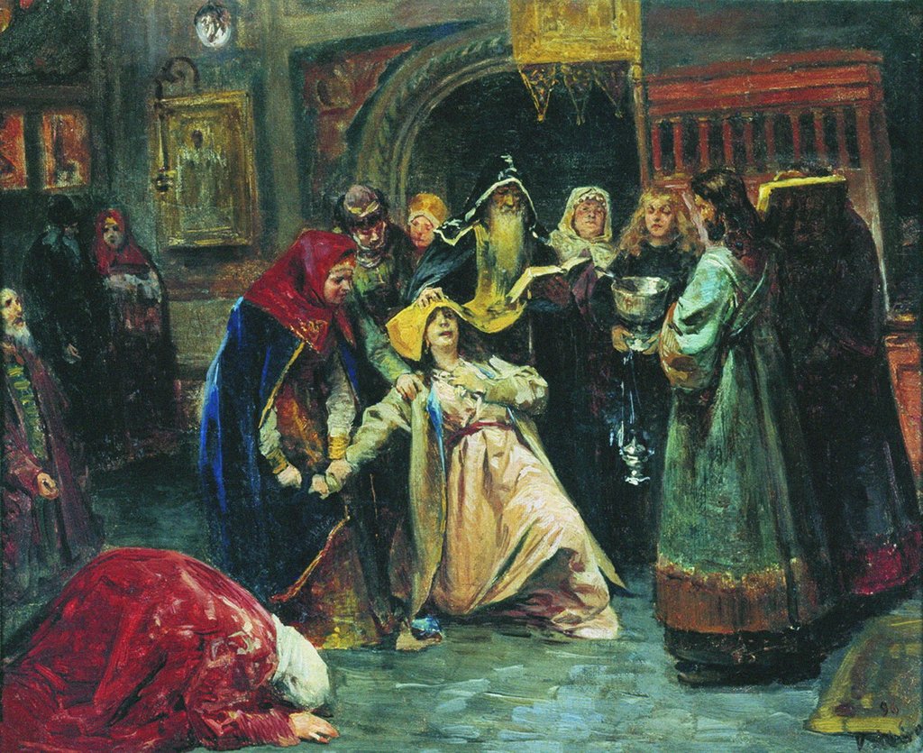 Detail of The forced tonsure, 1896 by Klavdi Vasilyevich Lebedev