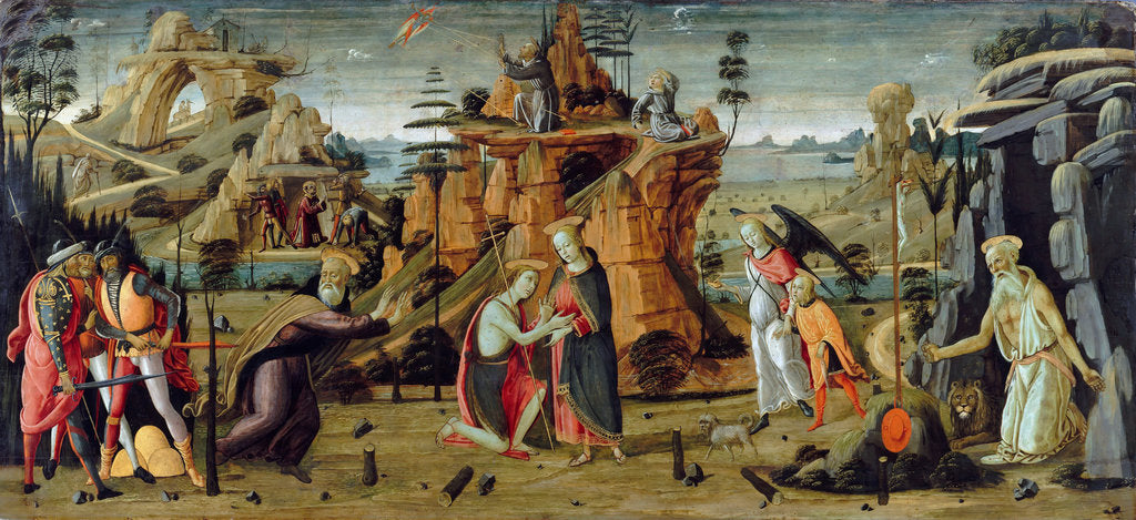 Detail of Landscape with biblical scenes and legends of the saints by Jacopo del Sellaio