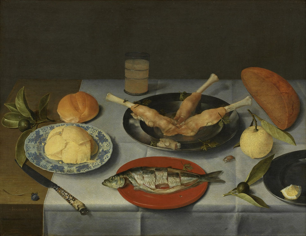 Detail of Breakfast with bread, cheese, fish and beer, c. 1615 by Jacob van Hulsdonck