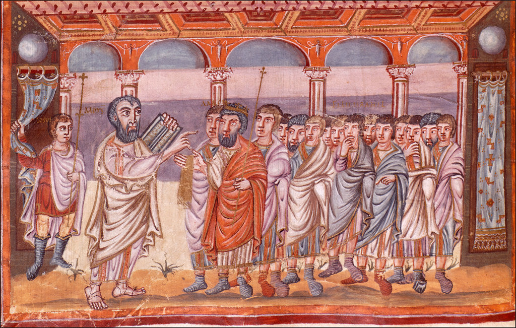 Detail of Moses receiving the tablets of law (Miniature from the Moutier-Grandval Bible), ca 830-ca 840 by Anonymous