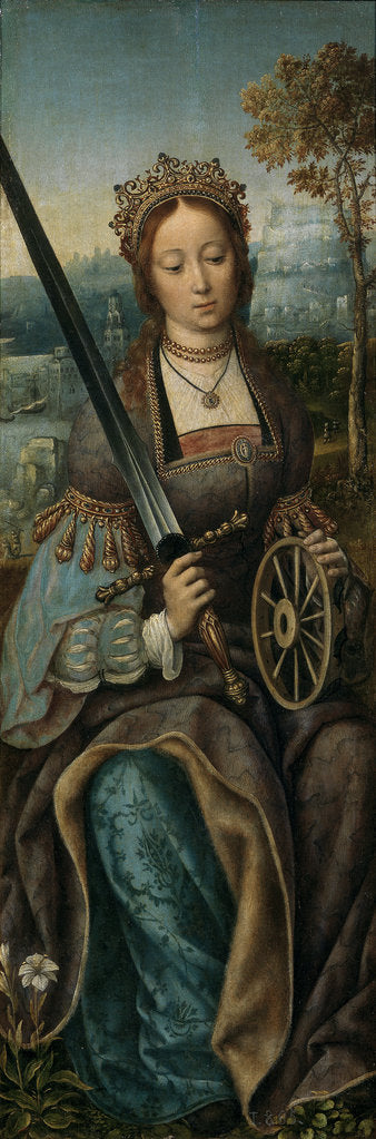 Detail of Triptych of the Holy Family with Music Making Angels. Left panel: Saint Catherine, ca 1510-1520 by Master of Frankfurt