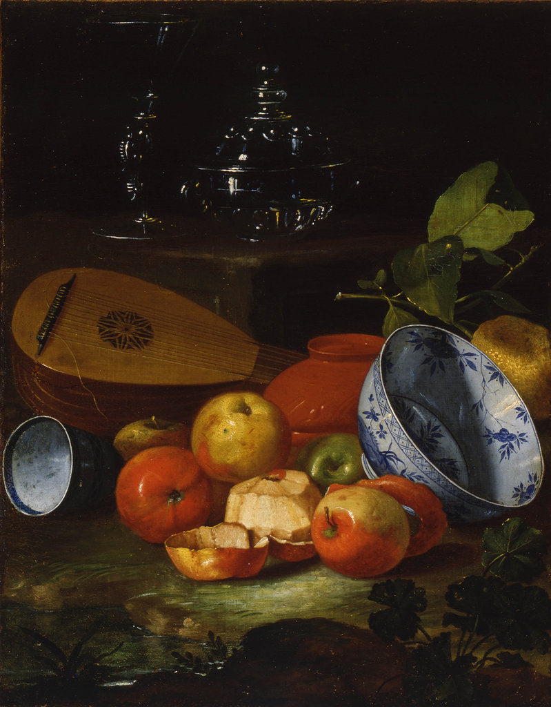 Detail of Mandolin, cup and bowl, porcelain, apples, 1706 by Cristoforo Monari