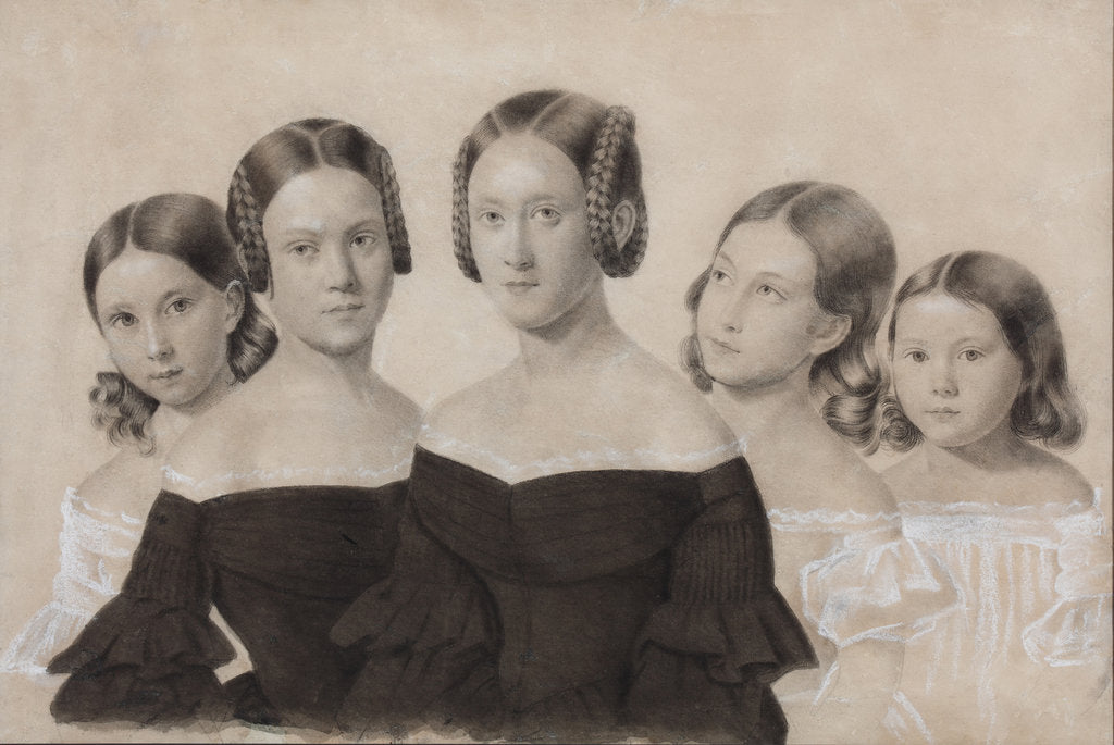 Detail of Portrait of Sisters Yelisaveta, Maria, Praskovya, Alexandra and Anna Dyakov, End 1830s by Anonymous