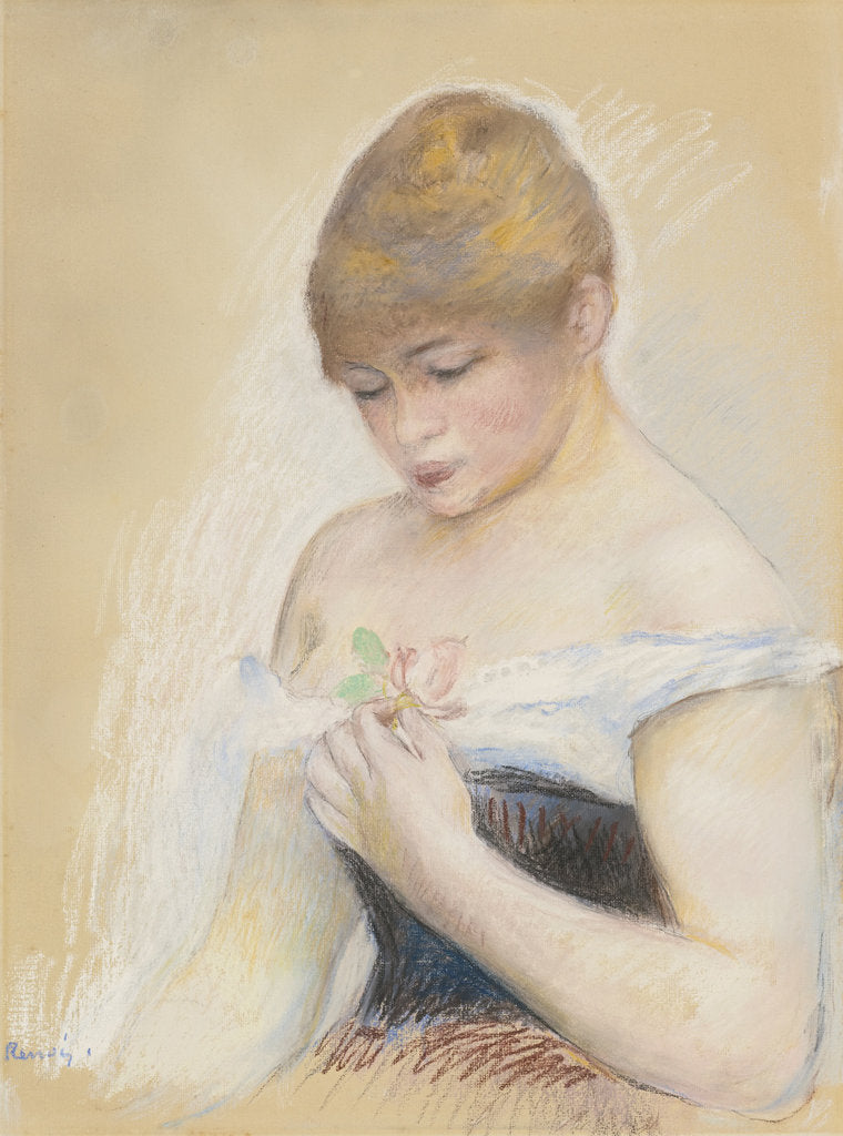 Detail of Young Woman Holding A Flower. Portrait of the actress Jeanne Samary, c. 1880 by Pierre Auguste Renoir