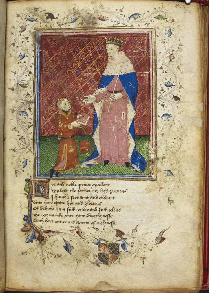 Detail of The author presenting his book to Henry V (from Thomas Hoccleves Regiment of Princes), 15th century by Anonymous