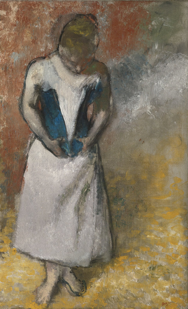 Detail of Woman standing from the front, clasping her corset, ca. 1883 by Edgar Degas