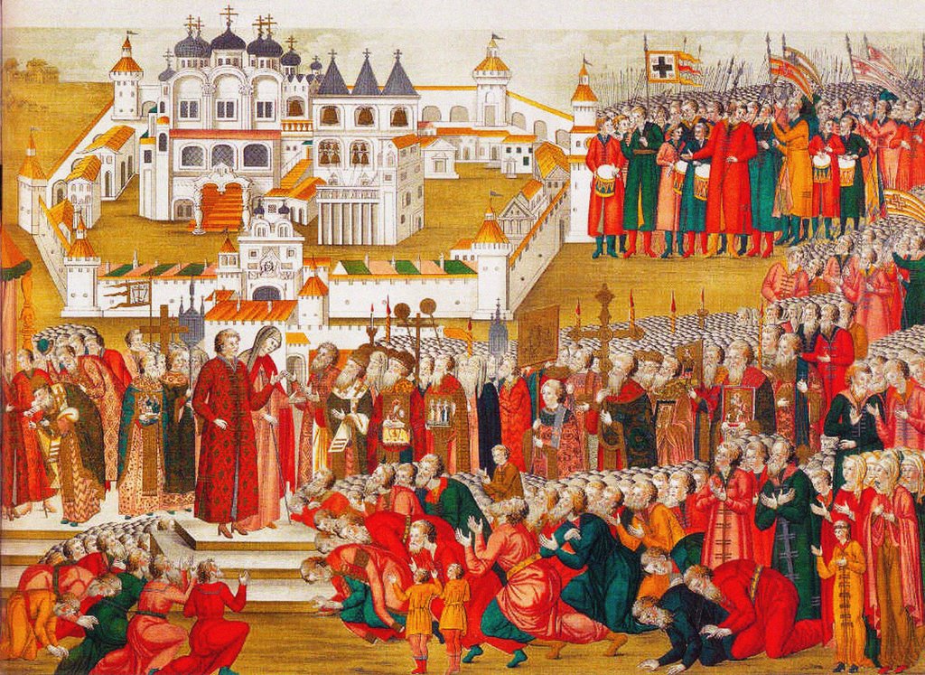 Detail of A crowd at the Hypatian Monastery imploring Mikhail Romanovs mother to let him go to Moscow and bec by Artamon Sergeevich Matveyev