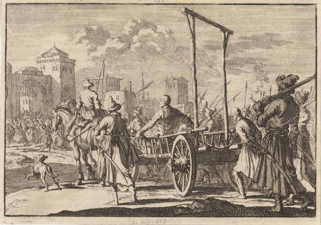 Detail of Arrival of Stepan Razin and his brother Frol in an iron cage in Moscow, 1671, 1698 by Pieter van der Aa