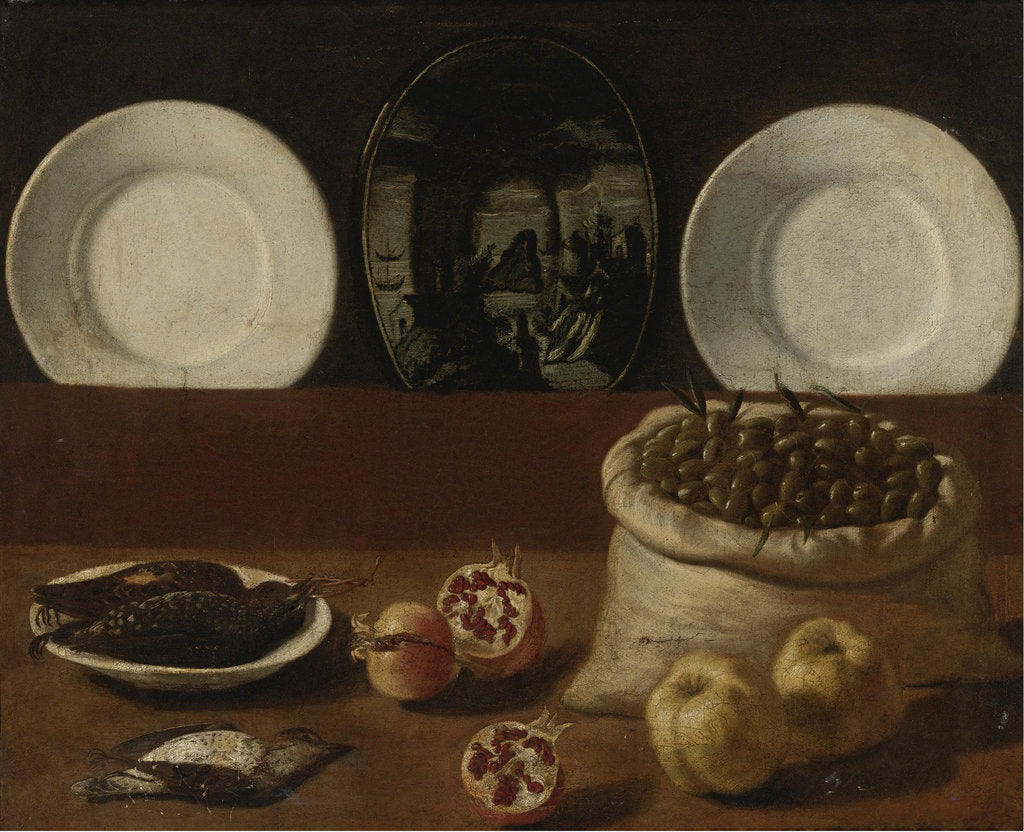 Detail of Still life with plates, a sack filled with olives, game, pomegranates, and quince by Paolo Antonio Barbieri