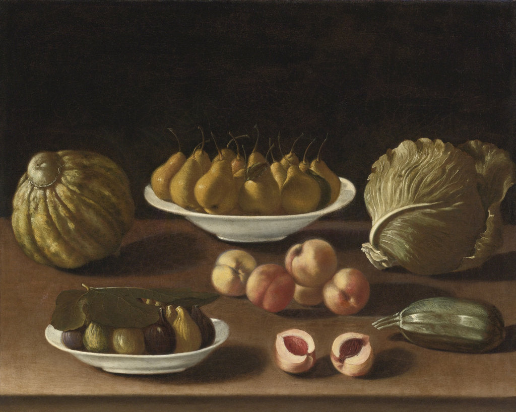 Detail of Still life with pears, peaches, figs, a melon, cabbage and marrow by Paolo Antonio Barbieri