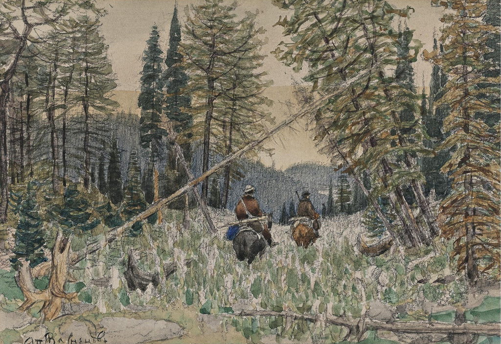 Detail of Hunters on horseback in a pine forest by Appolinari Mikhaylovich Vasnetsov
