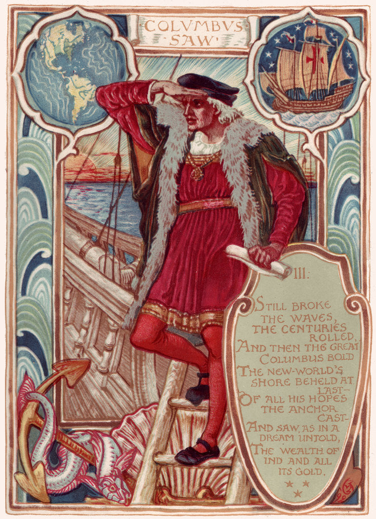 Detail of Christopher Columbus. From: Columbias Courtship: A Picture History of the United States, 1893 by Walter Crane