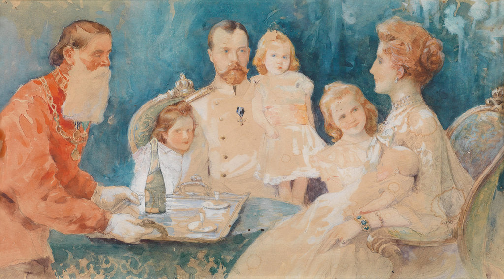 Detail of Tsar Nicholas II and Alexandra Fyodorovna with their Daughters Olga, Tatiana, Maria und Anastasia (a by Elena Petrovna Samokish-Sudkovskaya
