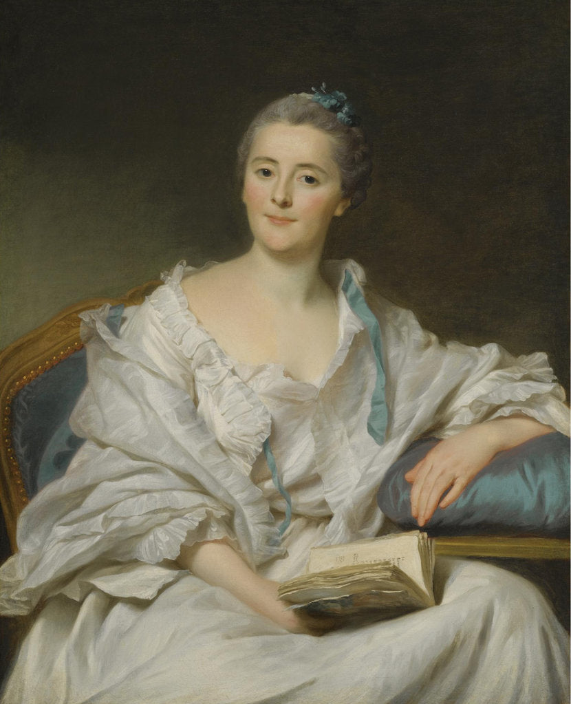 Detail of Portrait of Marie-Françoise Julie Constance Filleul, Marquise de Marigny with a book by Alexander Roslin