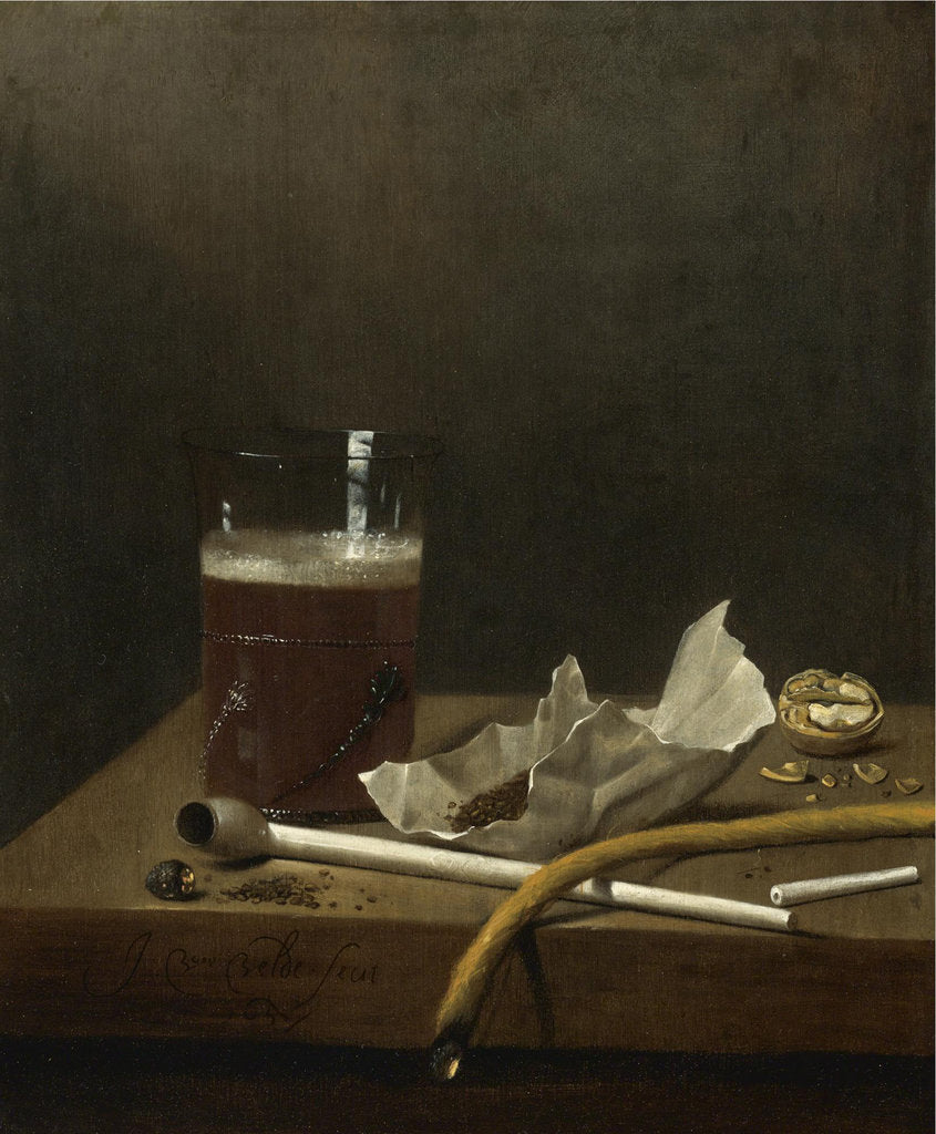Detail of Still life with a glass of beer, a pipe, tobacco and other requisites of smoking, 1658 by Jan Jansz. van de III Velde