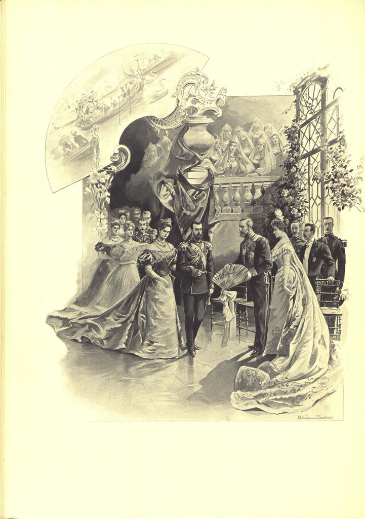 Detail of Alexandra Fyorodovna and Nicholas II during the ceremonial reception at the French Embassy, 1899 by Elena Petrovna Samokish-Sudkovskaya