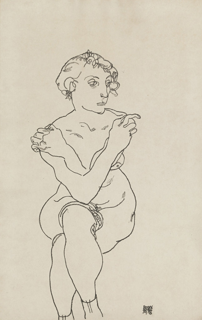 Detail of Seated female nude, arms and legs crossed, 1918 by Egon Schiele