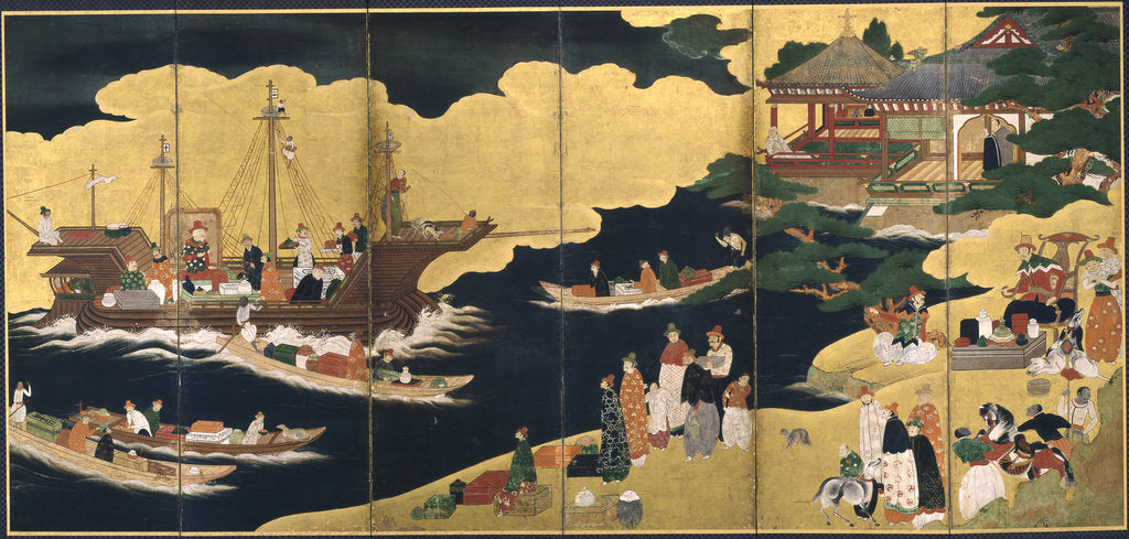 Detail of Arrival of a Portuguese ship. Nanban screen, ca. 1600 by Anonymous