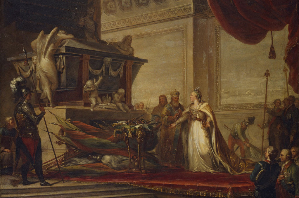 Detail of Catherine II laying the trophies of the Battle of Chesma on the tomb of Peter the Great, 1791 by Andreas Caspar Hüne
