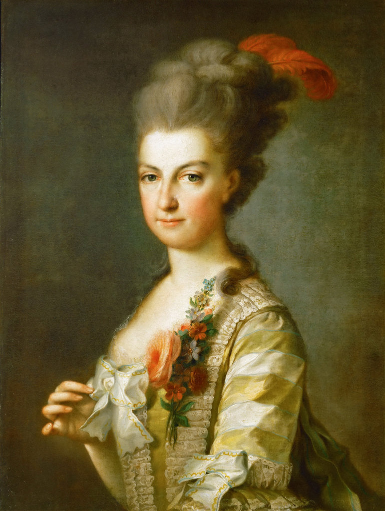 Detail of Archduchess Maria Christina, Duchess of Teschen, in a striped silkdress, ca 1766-1770 by Anonymous
