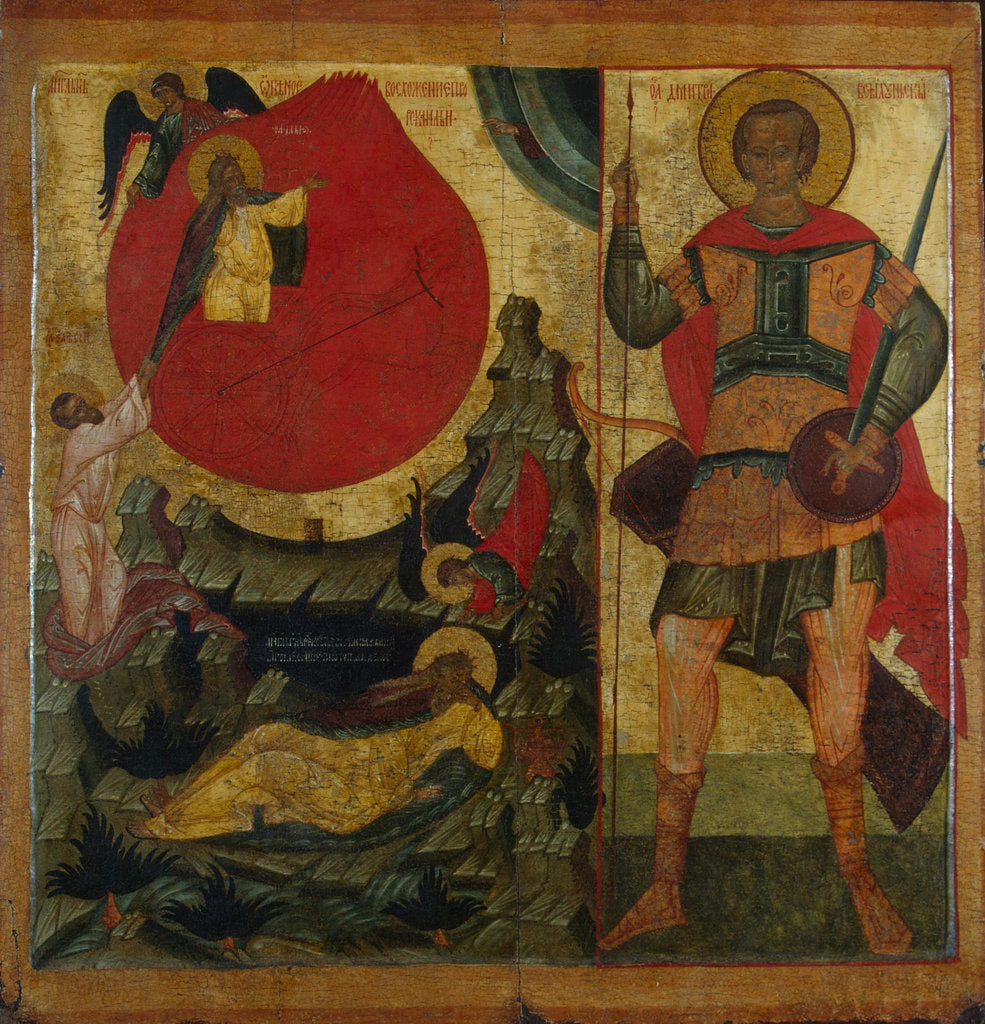 Detail of The Prophet Elijah and the Fiery Chariot. Saint Demetrius of Thessaloniki, Mid of 16th century by Russian icon