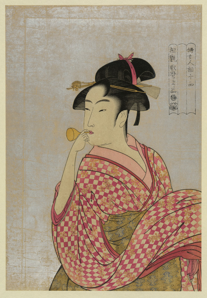 Detail of Young Woman Blowing a Glass Pipe (poppin), from the series Ten Types in the Physiognomic Study of Wo by Kitagawa Utamaro