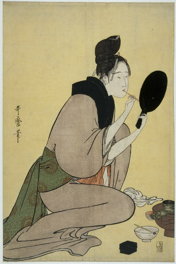 Detail of Bijin-ga. Girl applying makeup to her lips by Kitagawa Utamaro