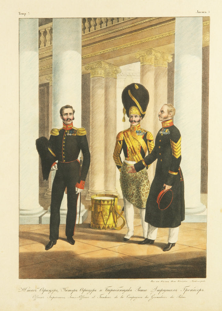 Detail of Staff Officer, Non-commissioned Officer, and Drummer of the Palace Guard Grenadiers, c. 1830 by Pyotr Alexandrovich Alexandrov