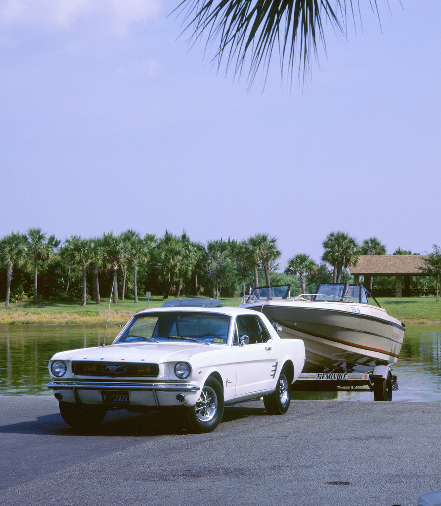 Detail of 1967 Ford Mustang towing a boat by Unknown