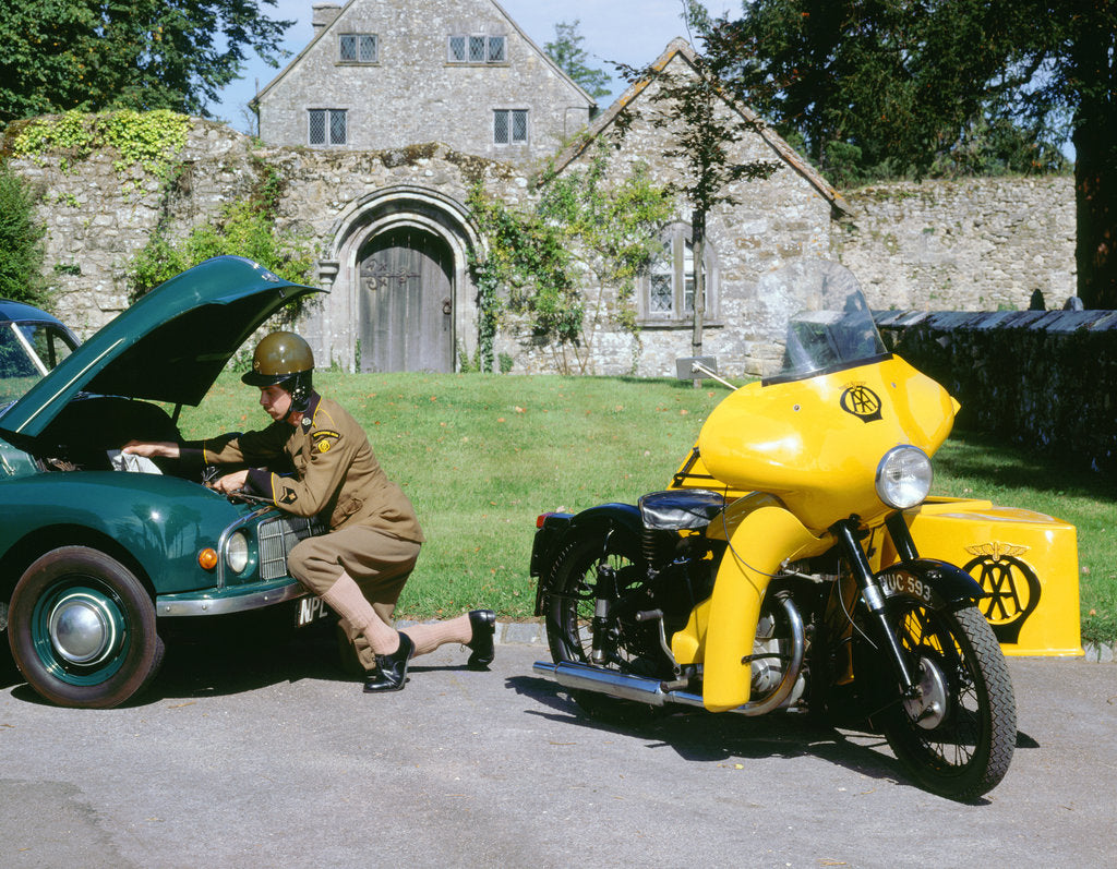 Detail of 1960 BSA M21 AA Combination motorcycle with 1948 Morris Minor by Unknown