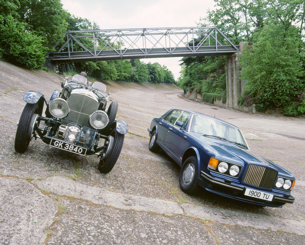 Detail of 1991 Bentley Turbo R and 1930 Bentley 4.5 blower at Brooklands by Unknown