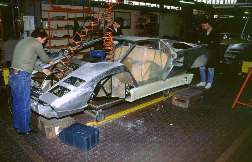 Detail of Lamborghini factory 1988.Countach under construction by Unknown