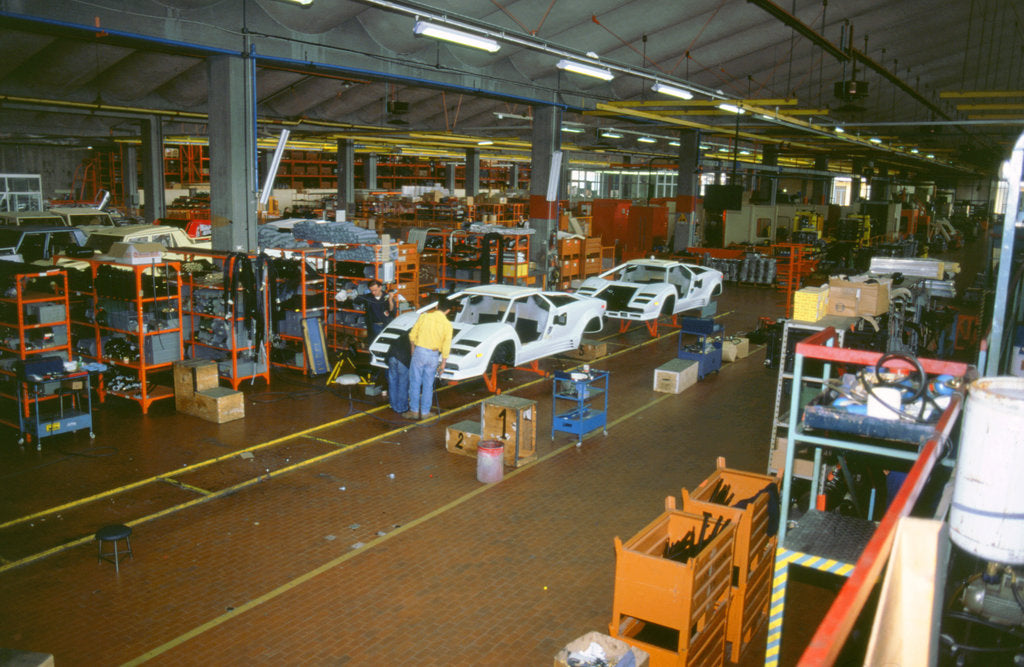 Detail of Lamborghini factory 1988.Countach under construction by Unknown