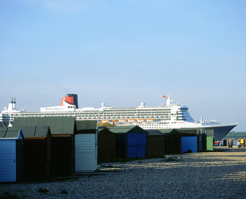 Detail of Queen Mary II sails past Beach Huts, Calshot May 2004 by Unknown