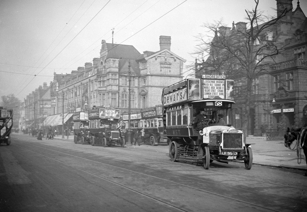 Detail of Daimler MET and AEC B-type buses, Cricklewood Broadway, London by Bill Brunell